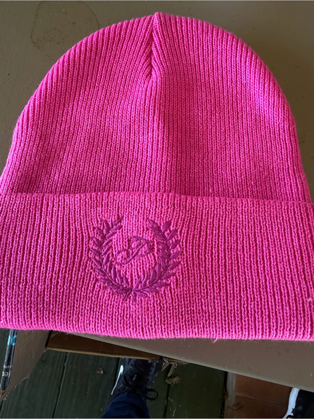 PINK Victoria's Secret Bright Pink Knit Beanie with Laurel Embroidery